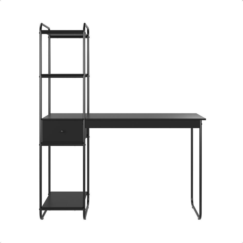 Mesa Escrivaninha Industrial Escritório Com Prateleira Lateral Criare Preto - 2