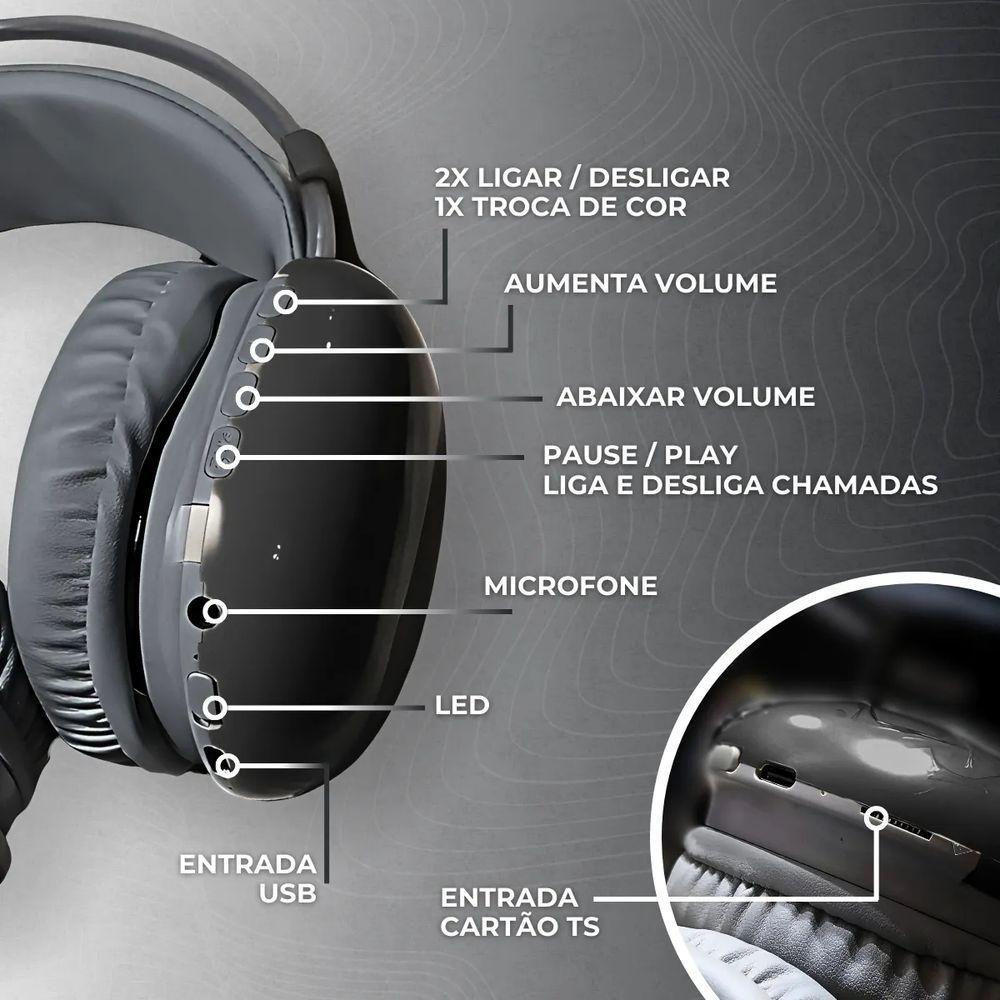 Headset Fone De Ouvido Sem Fio Bluetooth V5.3 Com Led Disco Pulse Pro - 4