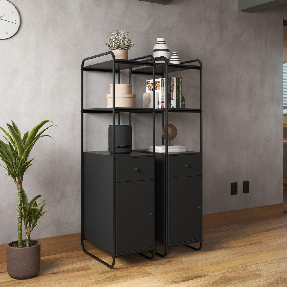 Estante Livreiro Office Industrial Em Aço E Madeira Criare Preto - 1