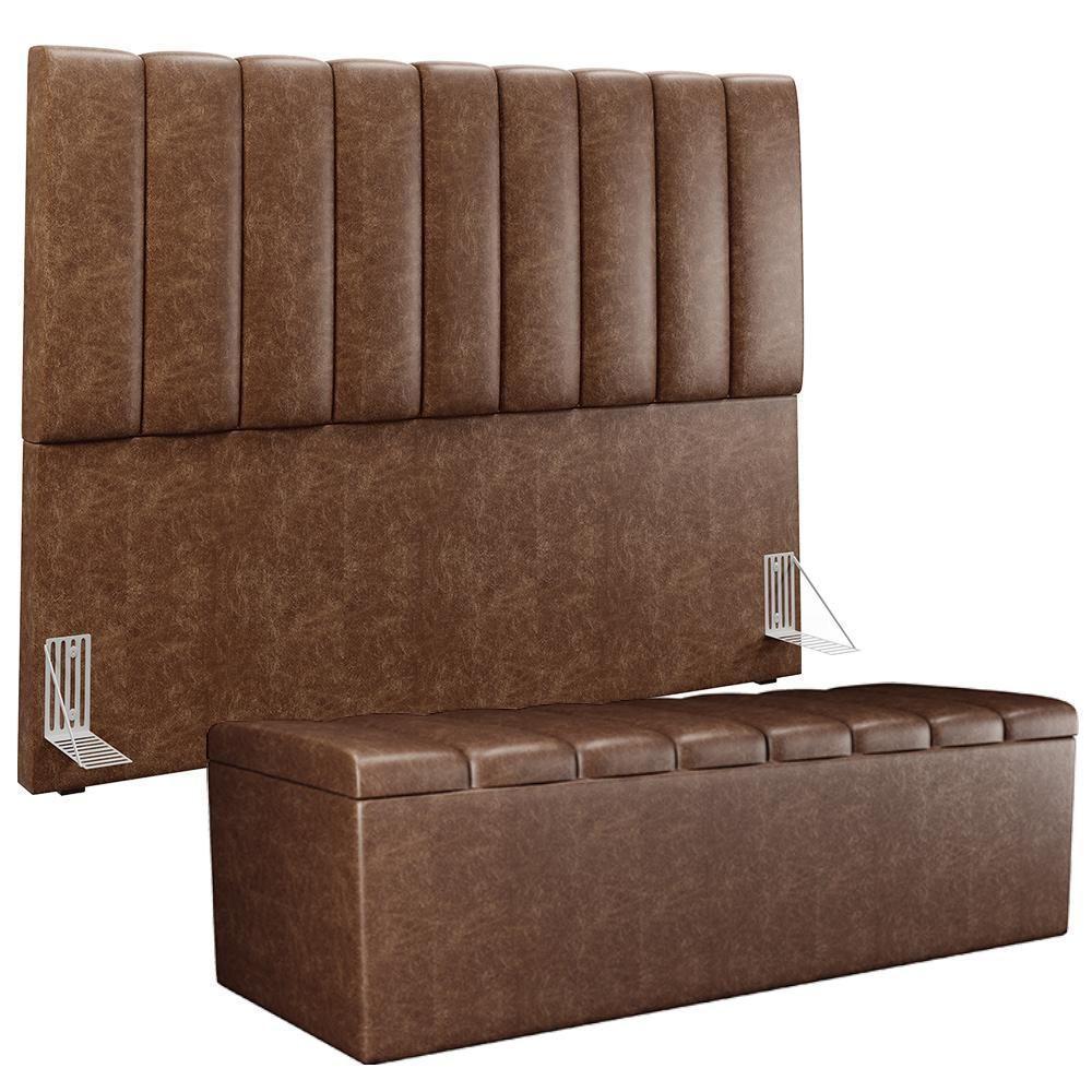 Kit Cabeceira Cama Box Casal King 195cm Com Calçadeira Baú Dália W01 Couríssimo Marrom - Lyam - 1