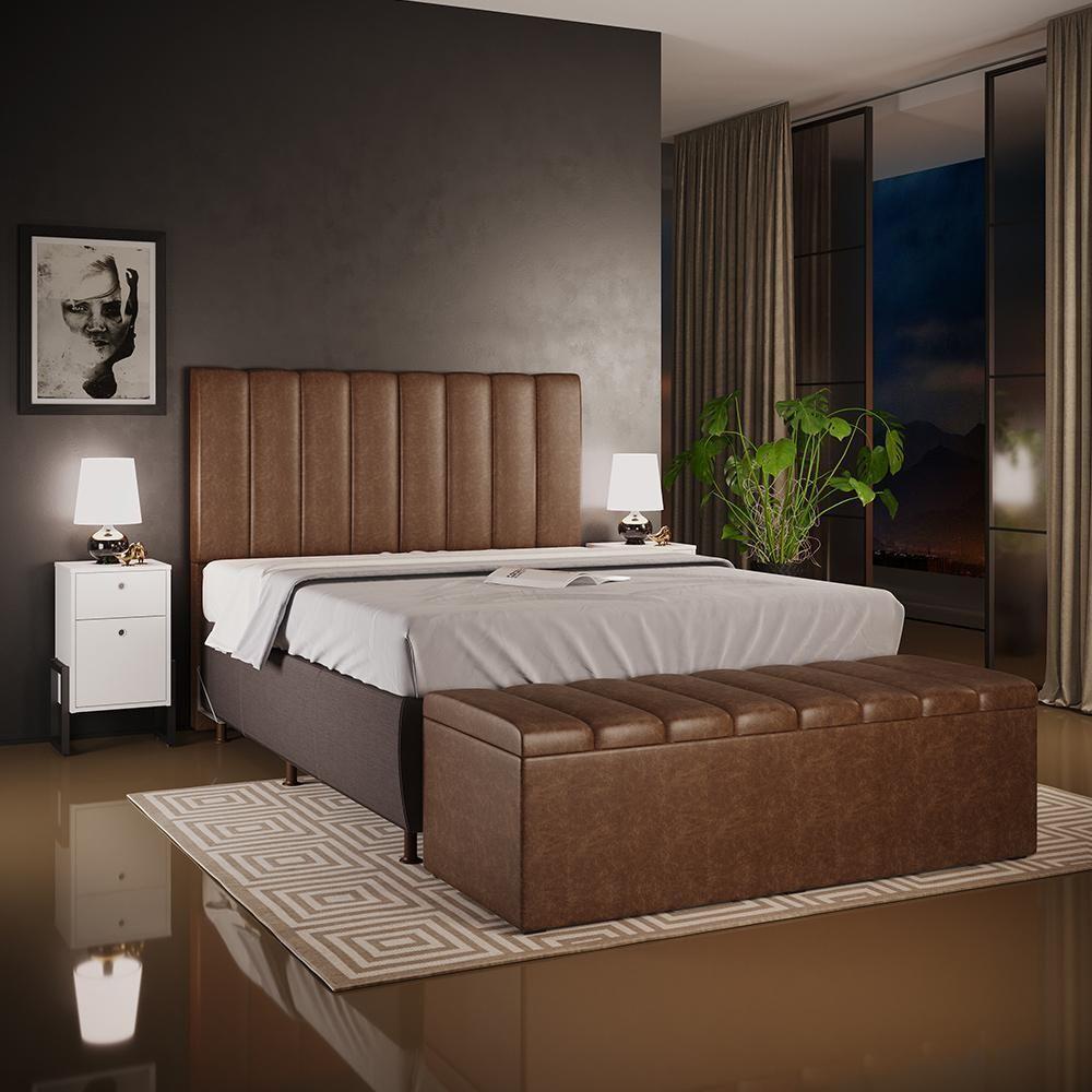 Kit Cabeceira Cama Box Casal King 195cm Com Calçadeira Baú Dália W01 Couríssimo Marrom - Lyam - 2