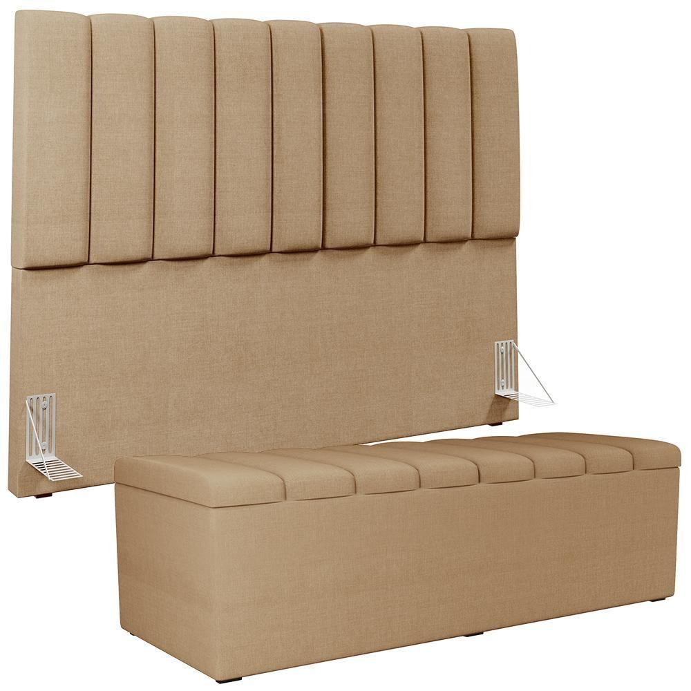 Kit Cabeceira Cama Box Casal King 195cm Com Calçadeira Baú Dália W01 Linho Bege Escuro - Lyam - 1