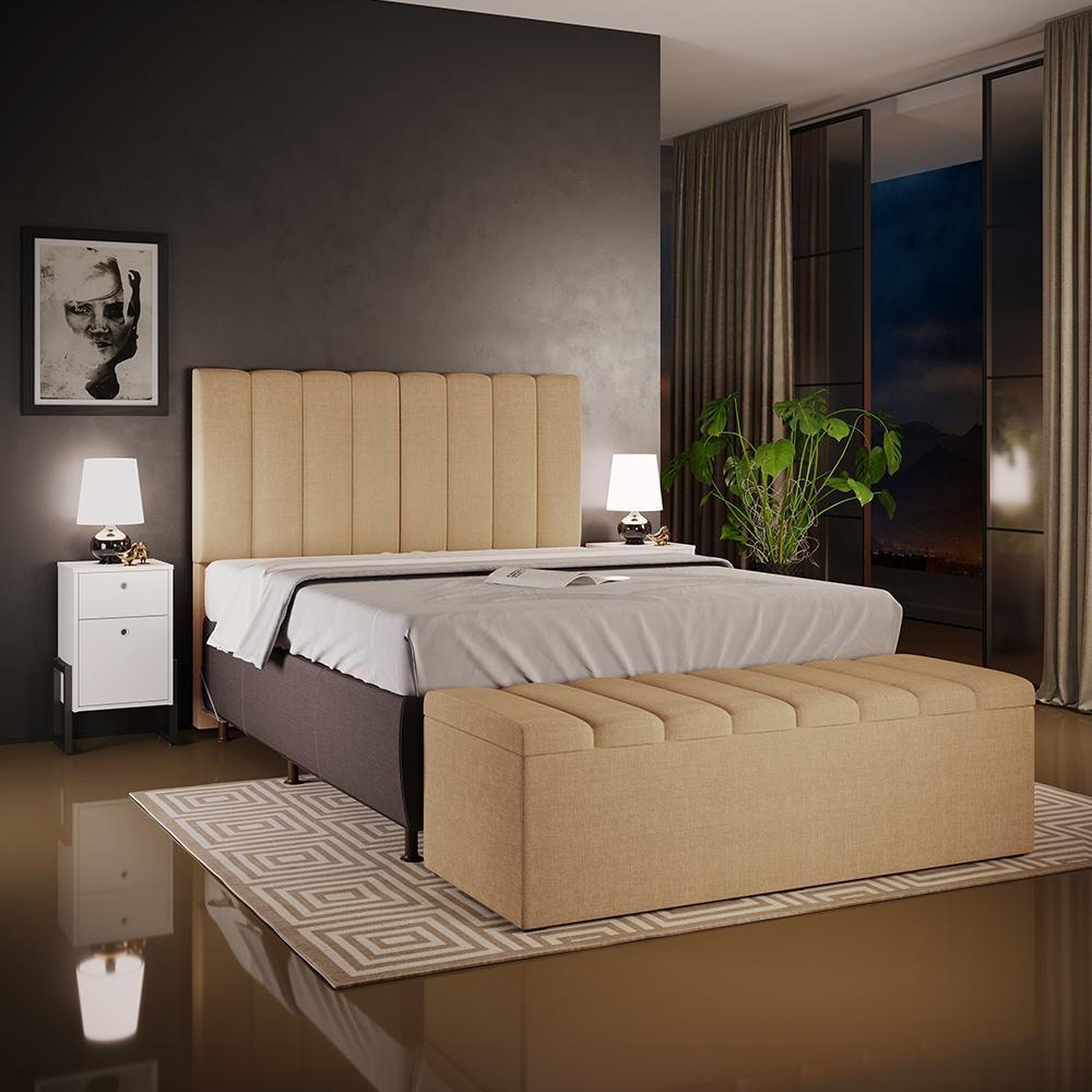 Kit Cabeceira Cama Box Casal King 195cm Com Calçadeira Baú Dália W01 Linho Bege Escuro - Lyam - 5