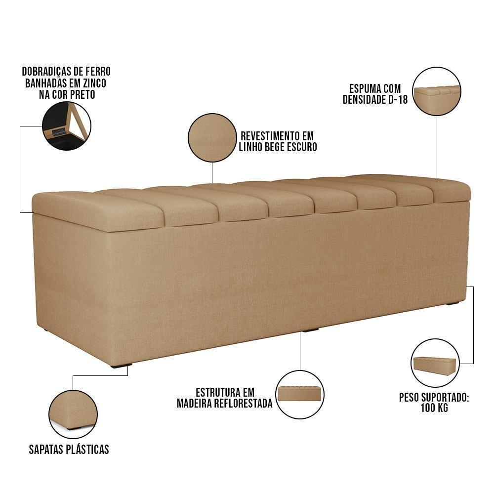 Kit Cabeceira Cama Box Casal King 195cm Com Calçadeira Baú Dália W01 Linho Bege Escuro - Lyam - 10