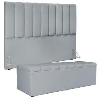 Kit Cabeceira Cama Box Casal King 195cm Com Calçadeira Baú Dália W01 Suede Cinza - Lyam - 1