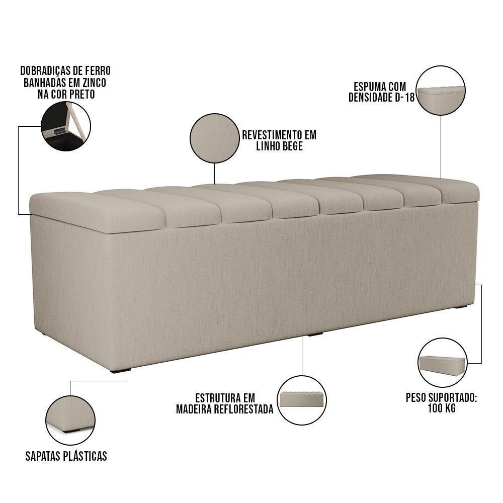 Kit Cabeceira Cama Box Casal King 195cm Com Calçadeira Baú Dália W01 Linho Bege - Lyam - 10