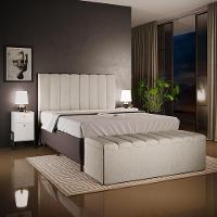 Kit Cabeceira Cama Box Casal King 195cm Com Calçadeira Baú Dália W01 Linho Bege - Lyam - 5