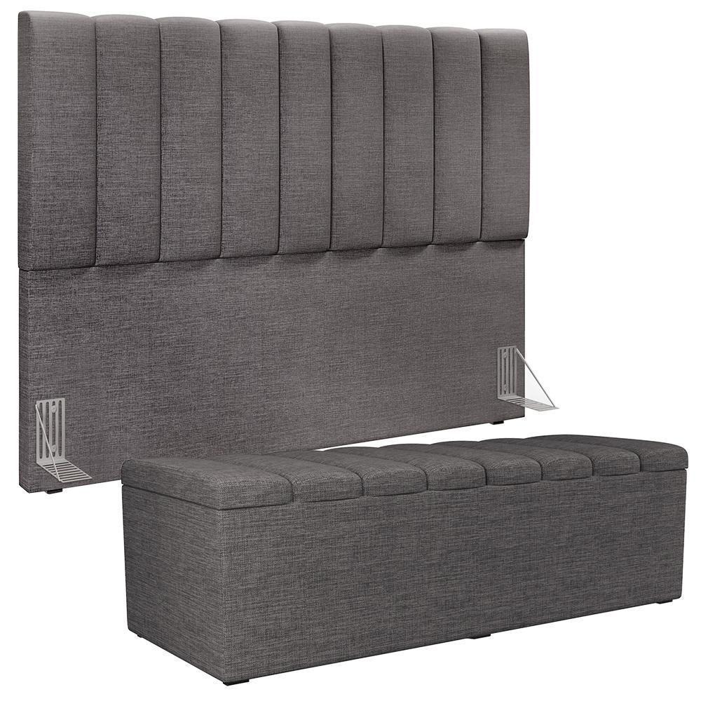 Kit Cabeceira Cama Box Casal King 195cm Com Calçadeira Baú Dália W01 Linho Cinza Escuro - Lyam - 1