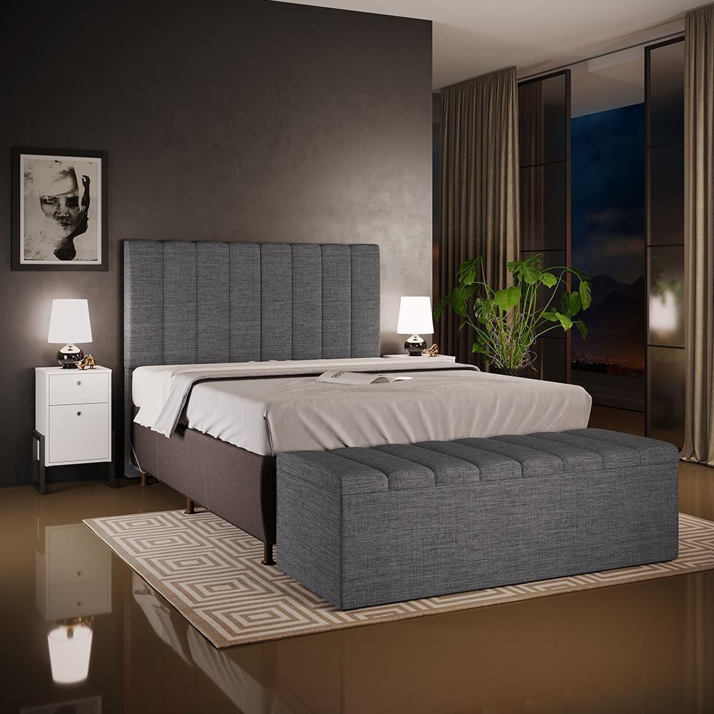 Kit Cabeceira Cama Box Casal King 195cm Com Calçadeira Baú Dália W01 Linho Cinza Escuro - Lyam - 2