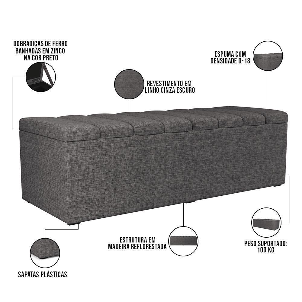 Kit Cabeceira Cama Box Casal King 195cm Com Calçadeira Baú Dália W01 Linho Cinza Escuro - Lyam - 6