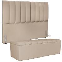 Kit Cabeceira Cama Box Casal King 195cm Com Calçadeira Baú Dália W01 Suede Bege - Lyam - 1