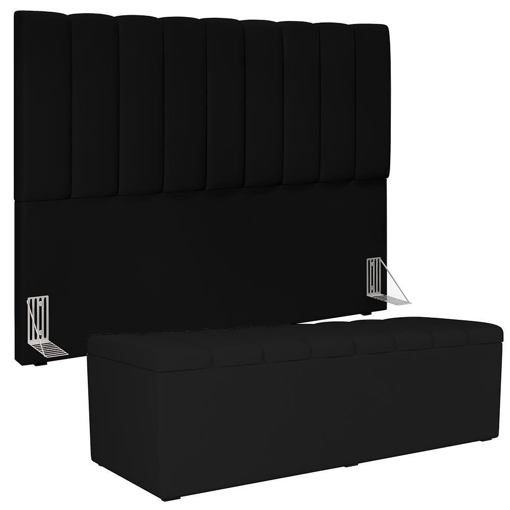 Kit Cabeceira Cama Box Casal King 195cm Com Calçadeira Baú Dália W01 Suede Preto - Lyam - 1