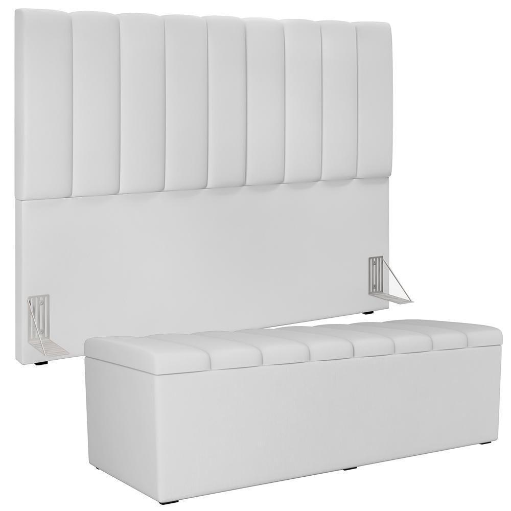 Kit Cabeceira Cama Box Casal King 195cm Com Calçadeira Baú Dália W01 Facto Branco - Lyam - 1