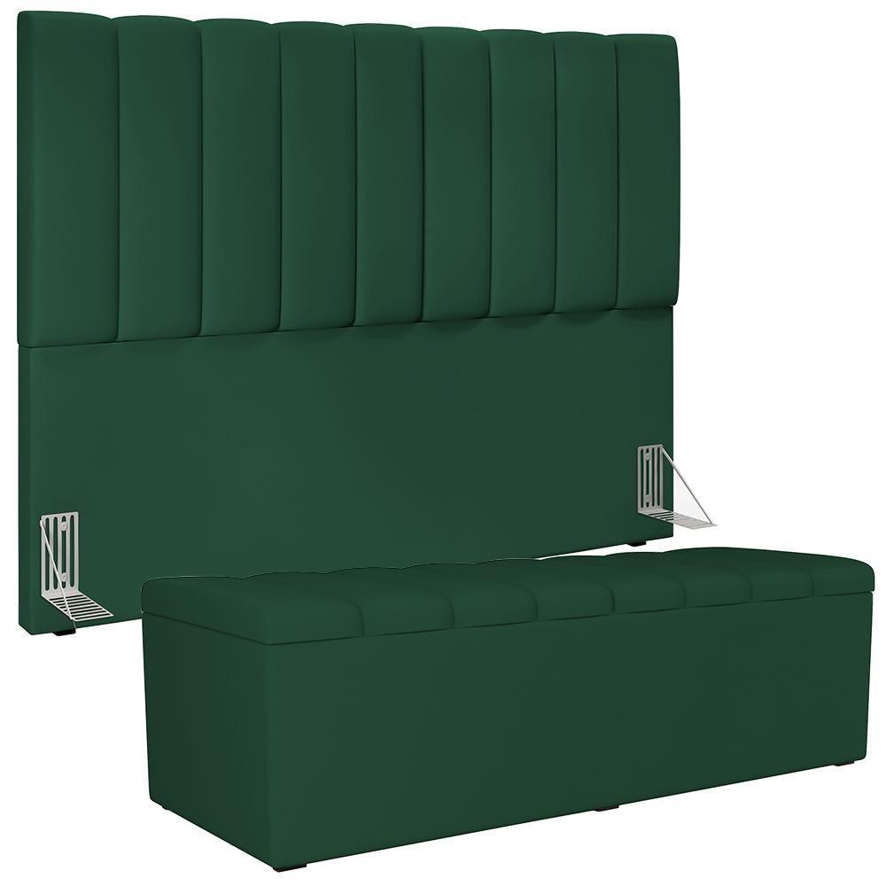 Kit Cabeceira Cama Box Casal King 195cm Com Calçadeira Baú Dália W01 Suede Verde Musgo - Lyam - 1