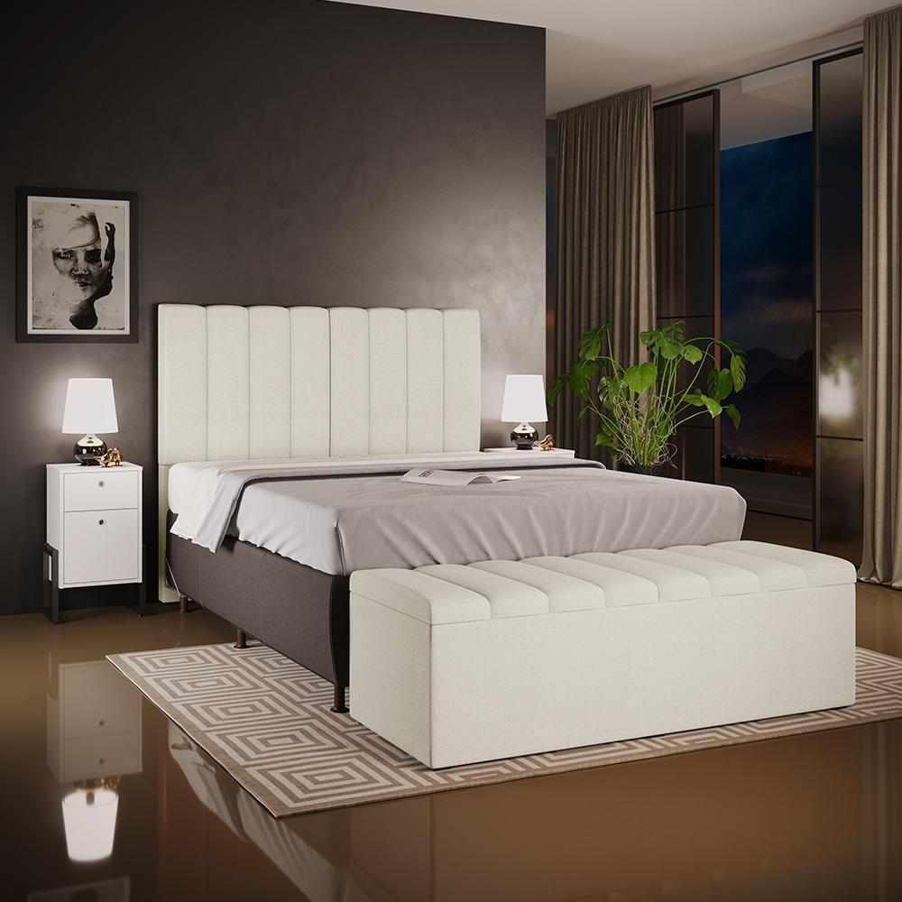 Kit Cabeceira Cama Box Casal King 195cm Com Calçadeira Baú Dália W01 Linho Champagne - Lyam - 2