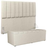 Kit Cabeceira Cama Box Casal King 195cm Com Calçadeira Baú Dália W01 Linho Champagne - Lyam - 1