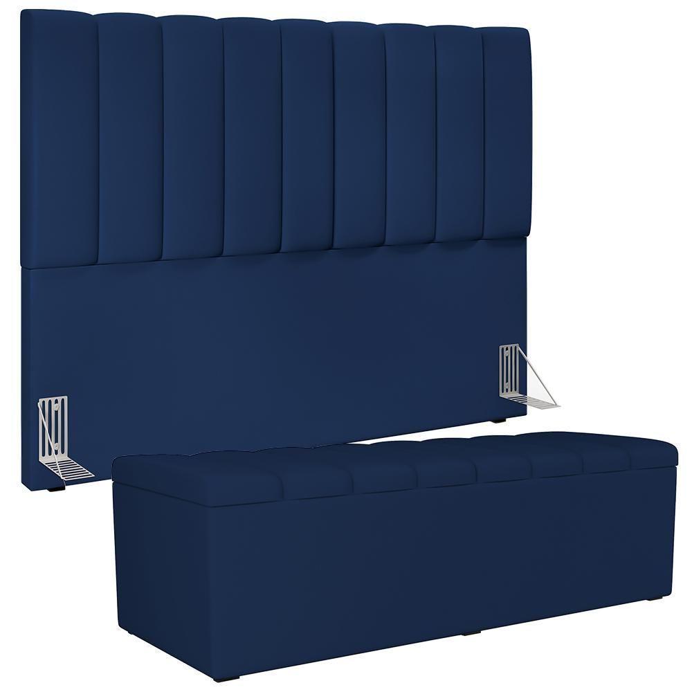 Kit Cabeceira Cama Box Casal King 195cm Com Calçadeira Baú Dália W01 Suede Azul Marinho Lyam - 1