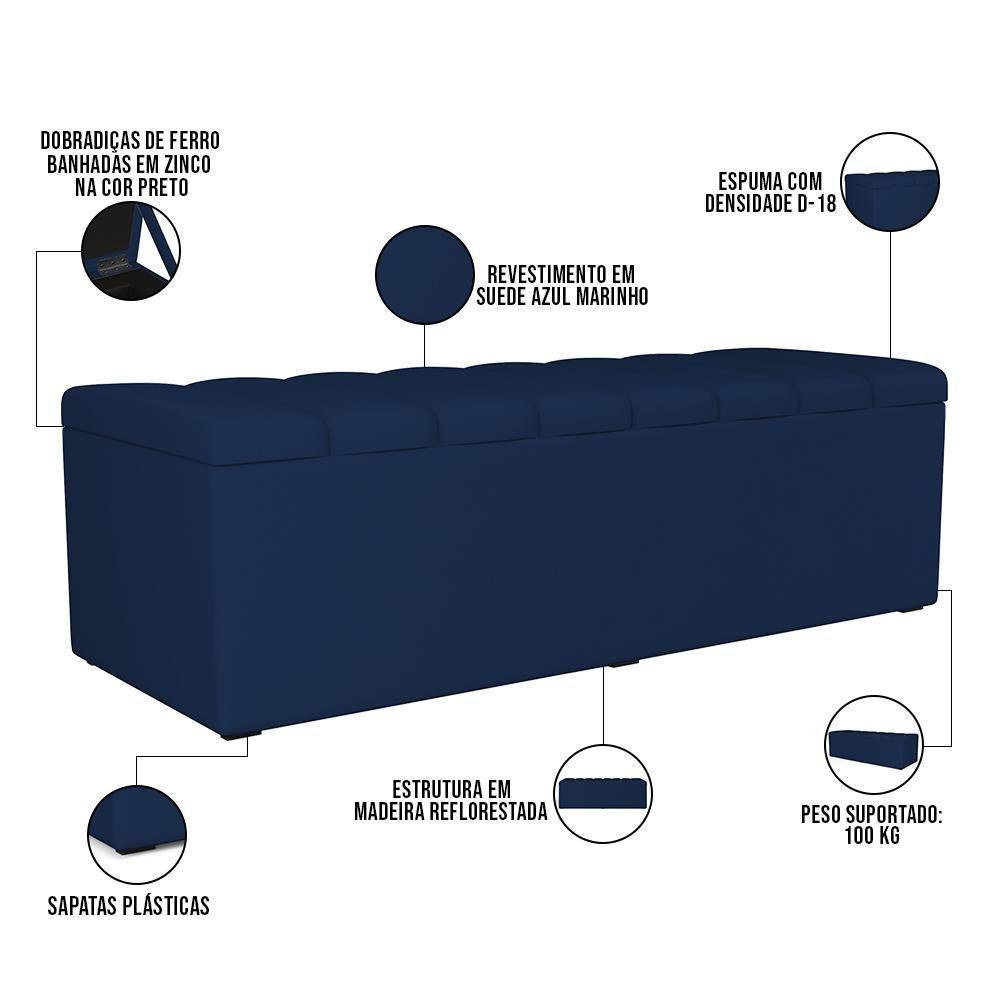 Kit Cabeceira Cama Box Casal King 195cm Com Calçadeira Baú Dália W01 Suede Azul Marinho Lyam - 5