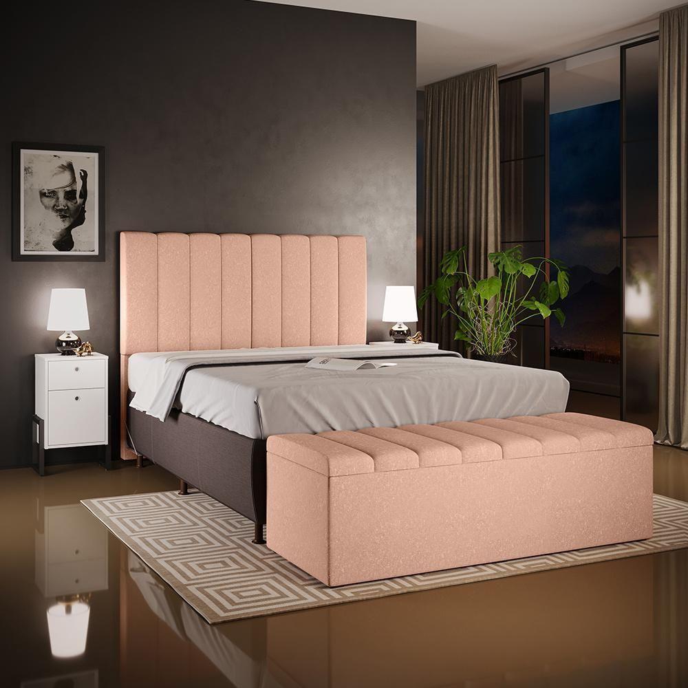 Kit Cabeceira Cama Box Casal King 195cm Com Calçadeira Baú Dália W01 Linho Rosê - Lyam - 4