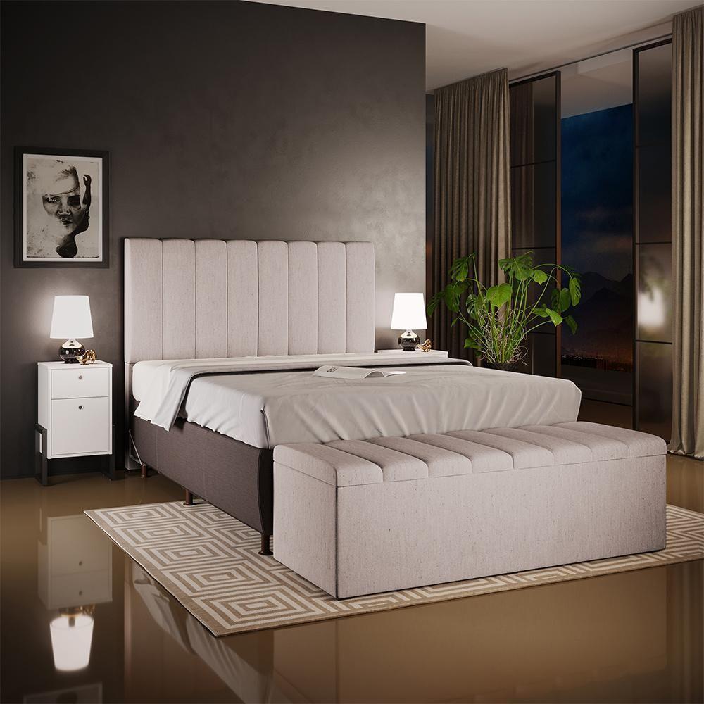 Kit Cabeceira Cama Box Casal King 195cm Com Calçadeira Baú Dália W01 Linho Cru - Lyam - 2