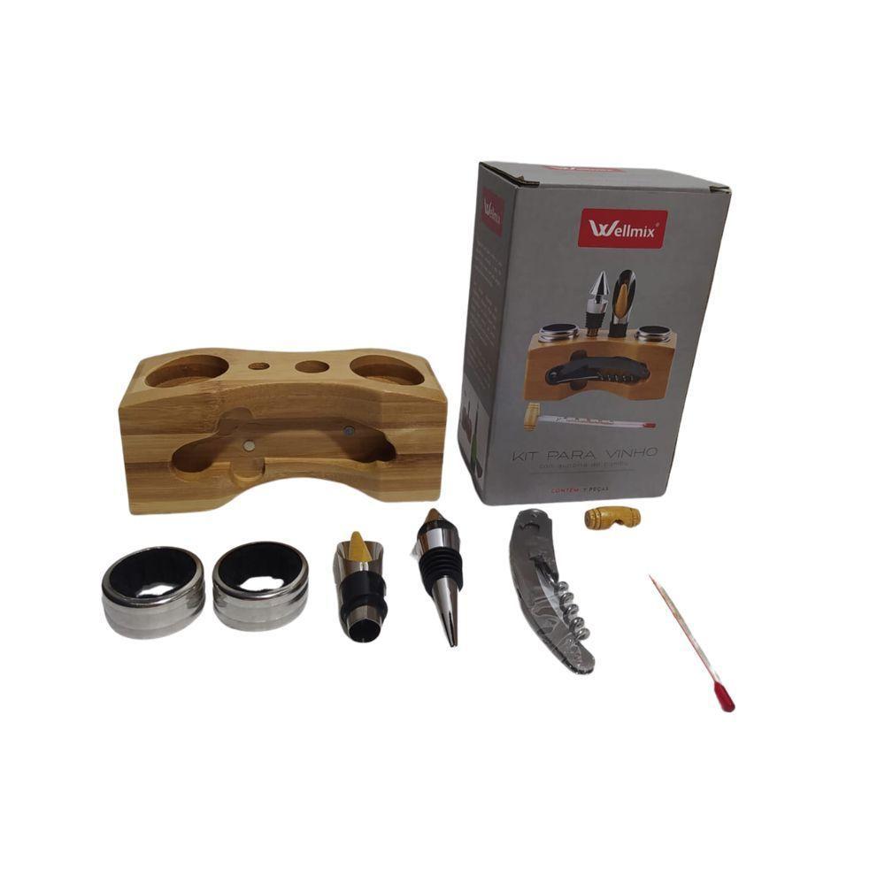 Kit Abridor De Vinho Saca Rolhas 7 Peças Suporte De Bambu - 1