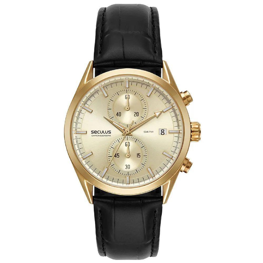 Relógio Seculus Cronógrafo 77307gpsvdc2 Vidro Abaulado Couro Dourado - 1