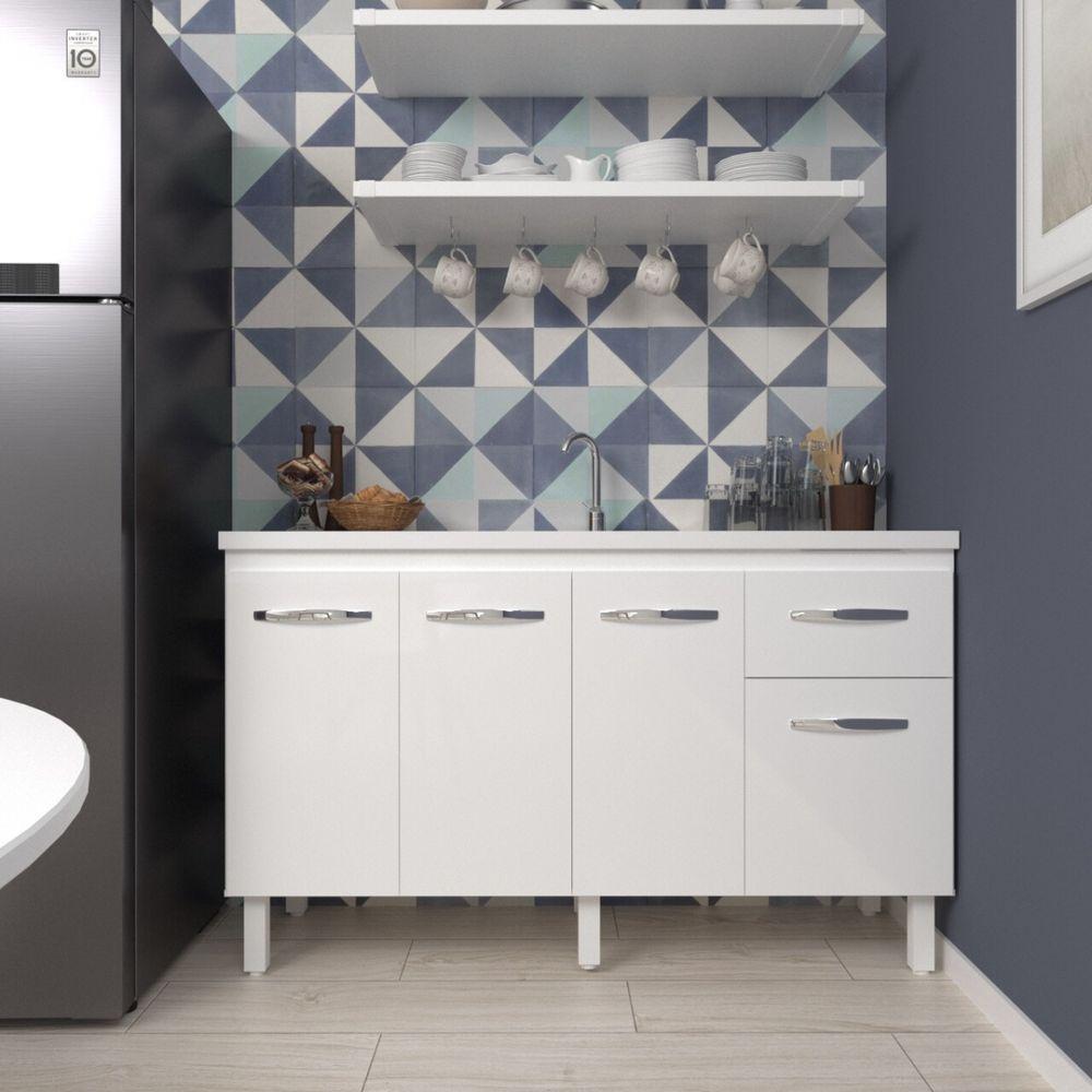 Balcão Cozinha Armário Gabiente Pia De 140 Cm Com 4 Portas E 1 Gavetas Camila Branco - 5