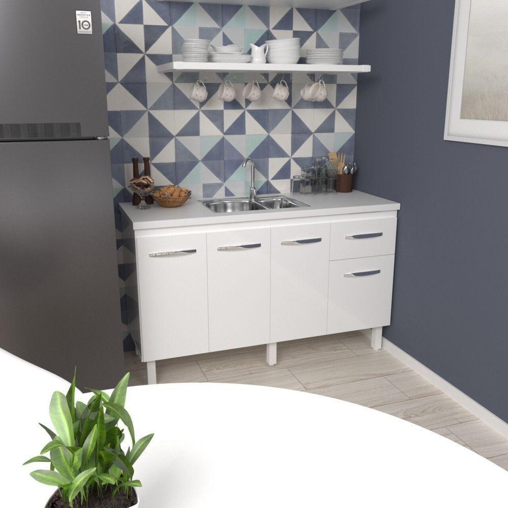Balcão Cozinha Armário Gabiente Pia De 140 Cm Com 4 Portas E 1 Gavetas Camila Branco - 6