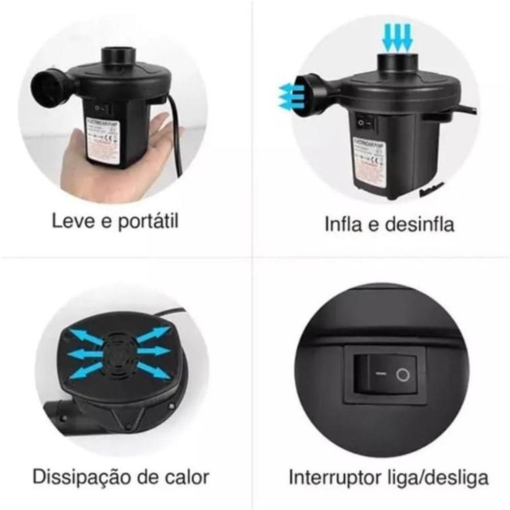 Bomba De Ar Elétrica Encher Colchão Boia Piscina Bomba Pneumática Inflador 12V Com Bicos Preto Bivolt - 2