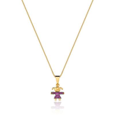 Colar Com Pingente De Filha Menina Com Zirconias Cor Rubi Banhado Em Ouro 18k Cordão Mãe Filhos