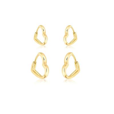 Conjunto De Brinco De Argolas De Coração Liso Banhado Em Ouro 18k