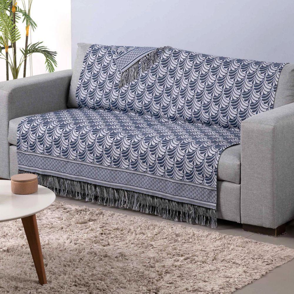 Xale Para Sofá Com Franja Luxor 1 Peça 2,10m X 1,35m 60% Algodão / 40% Poliéster Tecido Jacquard - Azul Palmeira - 1
