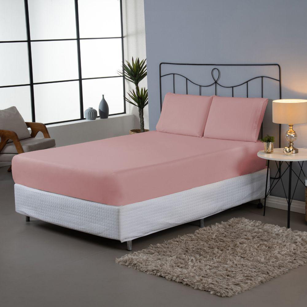Jogo De Lençol Dia A Dia Liso 3 Peças Casal 80% Algodão 20% Poliéster Percal 140 Fios - Rosê - 1