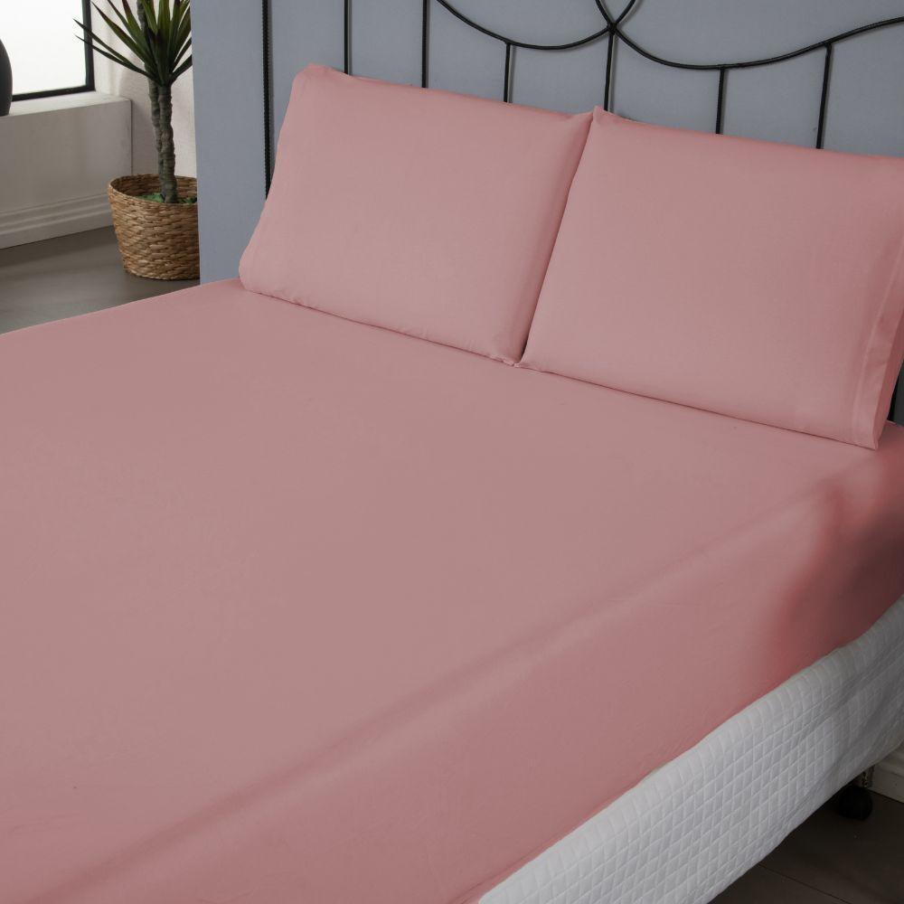 Jogo De Lençol Dia A Dia Liso 3 Peças Casal 80% Algodão 20% Poliéster Percal 140 Fios - Rosê - 3