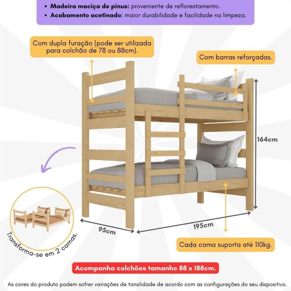 Beliche Madeira Maciça - Vira 2 Camas - Com Colchões Inclusos Dubai Multimóveis CR4158 Natural - 5