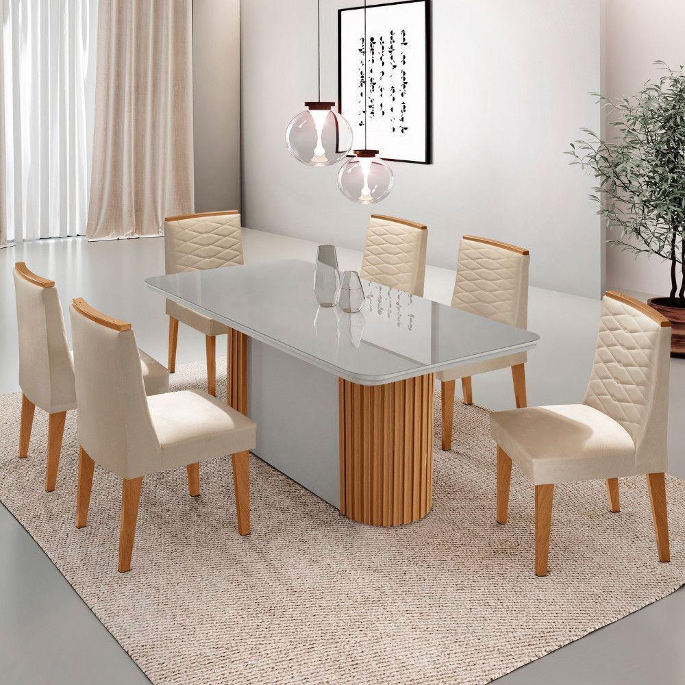 Mesa Jantar Aspen Tampo MDF Vidro 6 Cadeiras Eloise Moderna Veludo Creme Off White Naturale - 1