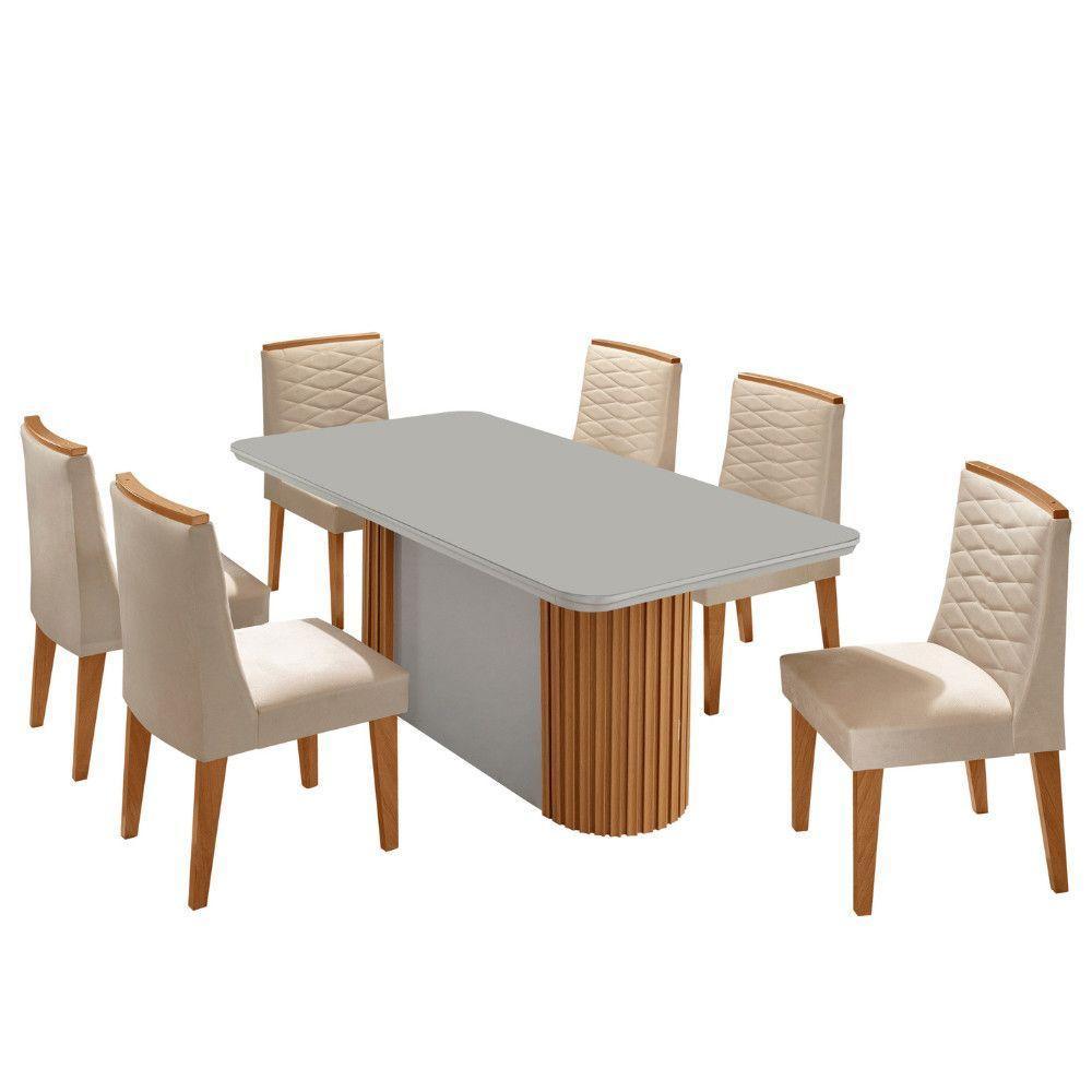 Mesa Jantar Aspen Tampo MDF Vidro 6 Cadeiras Eloise Moderna Veludo Creme Off White Naturale - 3