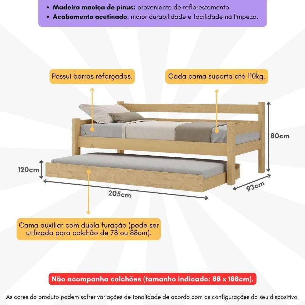 Bicama Madeira Maciça Para Colchão 78/88 X 188cm Paris Multimóveis VCR4139 - Natural - 3