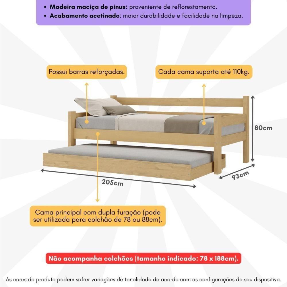 Bicama Madeira Maciça Para Colchão 78/88 X 188cm Paris Multimóveis CR4139 Natural - 3