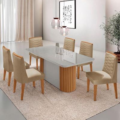 Mesa Jantar Aspen Tampo MDF Vidro 6 Cadeiras Eloise Moderna Turim 07 Off White Naturale