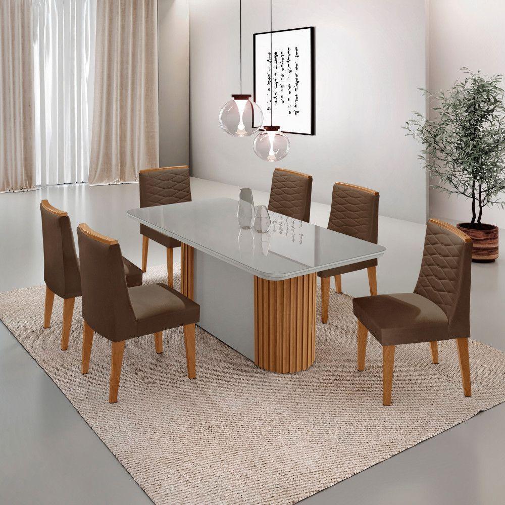 Mesa Jantar Aspen Tampo MDF Vidro 6 Cadeiras Eloise Moderna Veludo Marrom Off White Naturale - 1
