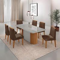 Mesa Jantar Aspen Tampo MDF Vidro 6 Cadeiras Eloise Moderna Veludo Marrom Off White Naturale - 1
