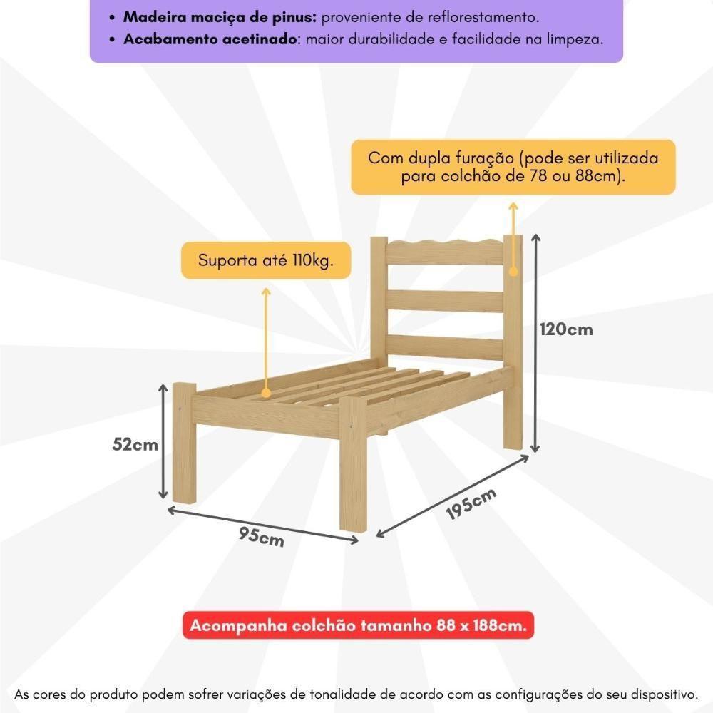 Cama De Solteiro Madeira Maciça Com Colchão Incluso Multimóveis CR35256 - Natural - 3