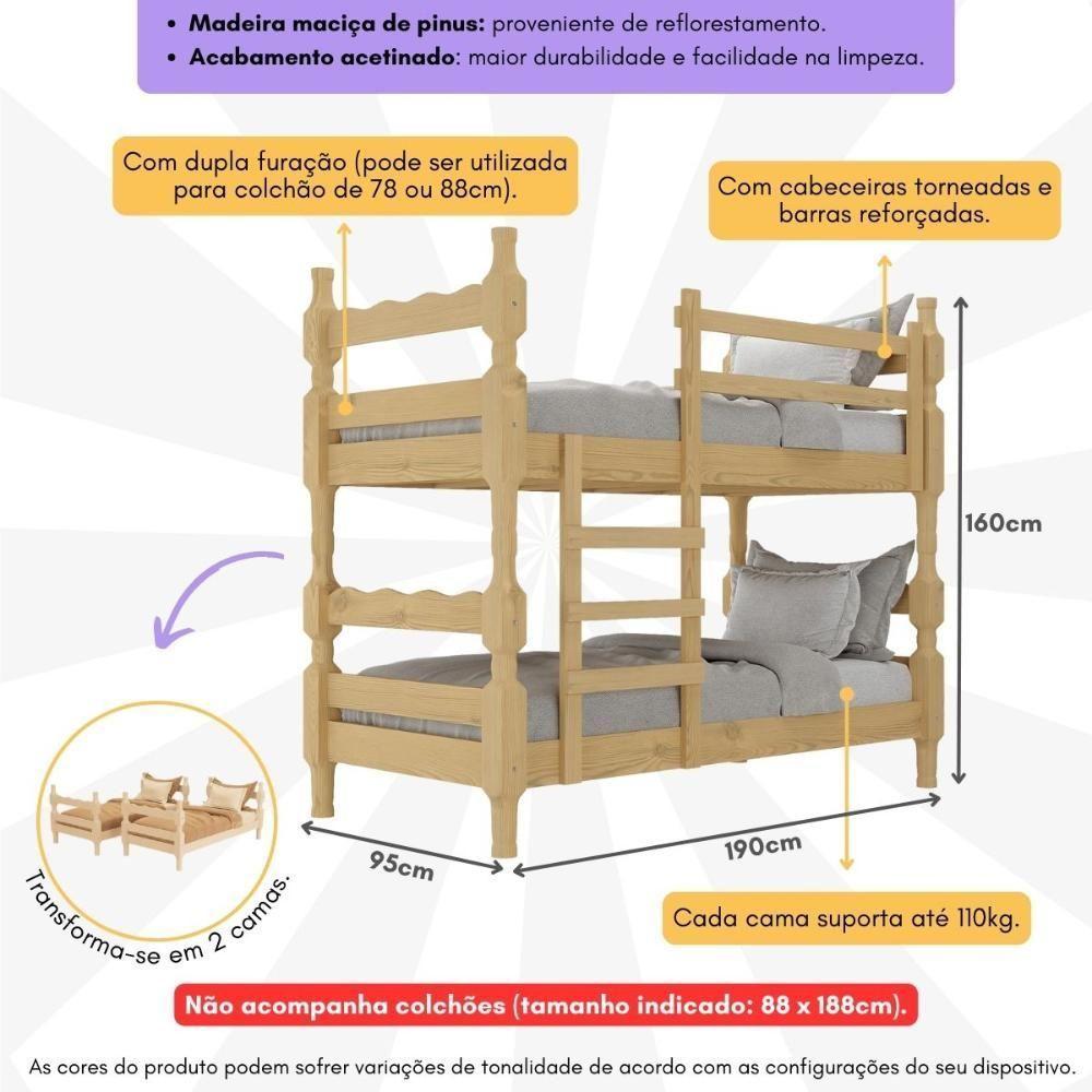 Beliche Madeira Maciça Para Colchão 78/88 X 188cm Porto Multimóveis VCR4138 - Natural - 3