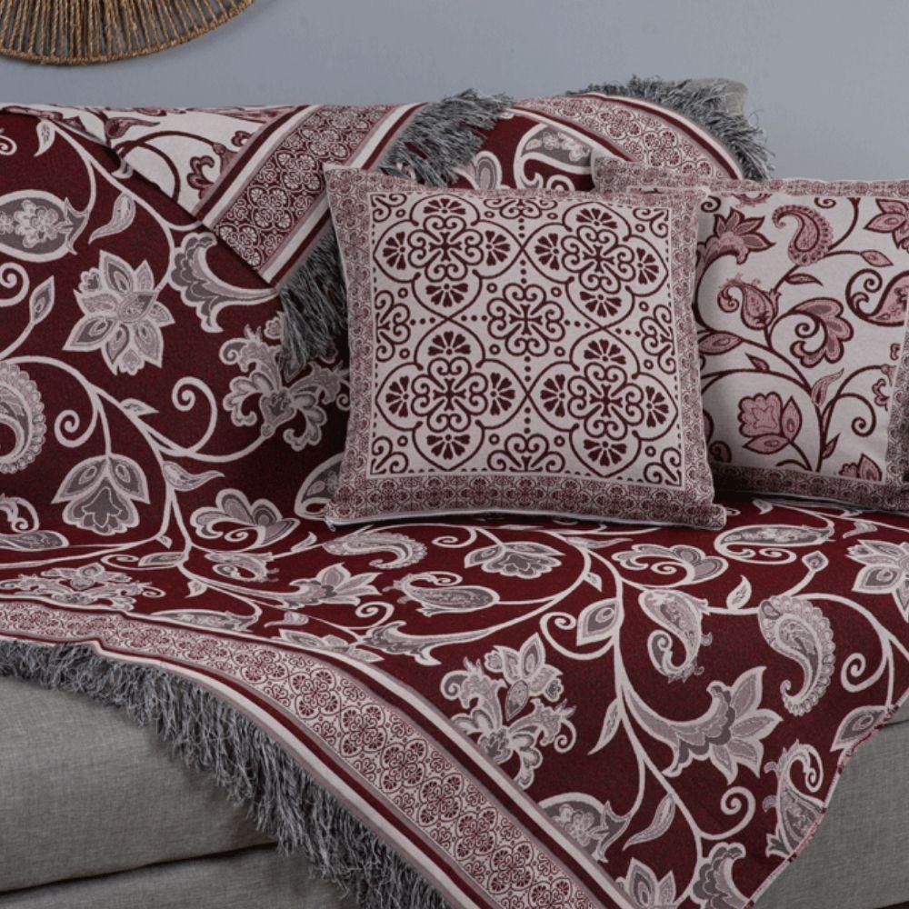 Kit Xale Para Sofá Com Franja Grécia 5 Peças 1,35m X 1,35m 60% Algodão 40% Poliéster Tecido Jacquard - Vinho - 3