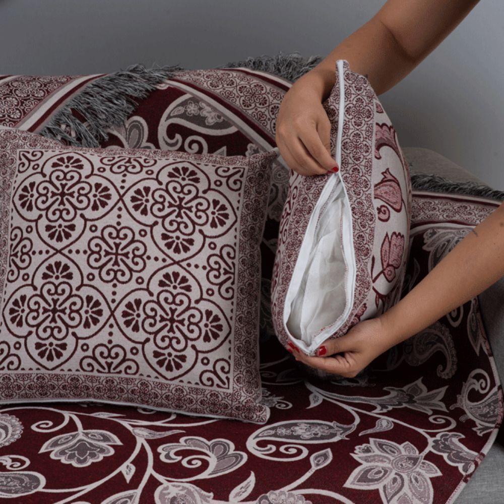 Kit Xale Para Sofá Com Franja Grécia 5 Peças 1,35m X 1,35m 60% Algodão 40% Poliéster Tecido Jacquard - Vinho - 4