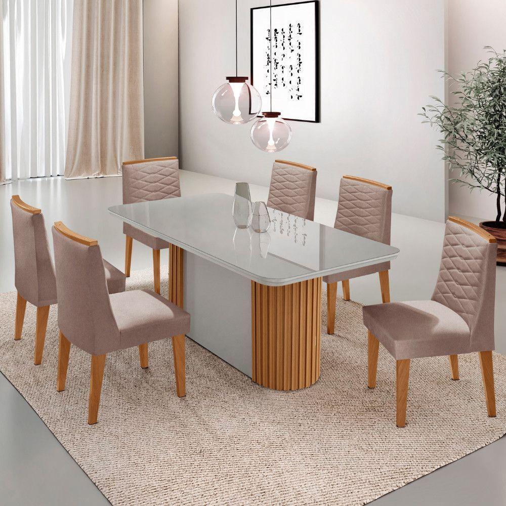 Mesa Jantar Aspen Tampo MDF Vidro 6 Cadeiras Eloise Moderna Linho Capuccino Off White Naturale - 1