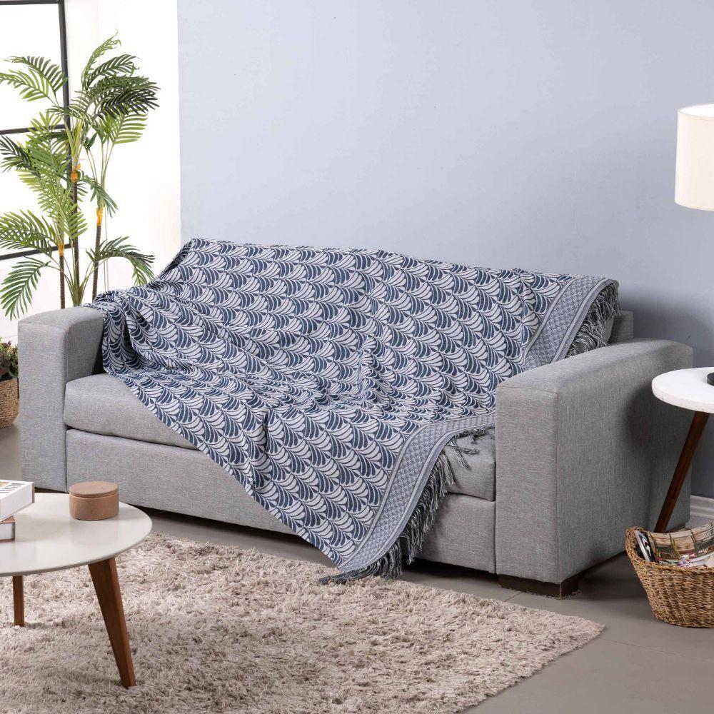 Xale Para Sofá Com Franja Luxor 1 Peça 2,10m X 1,35m 60% Algodão - 40% Poliéster Tecido Jacquard - Azul Palmeira - 3