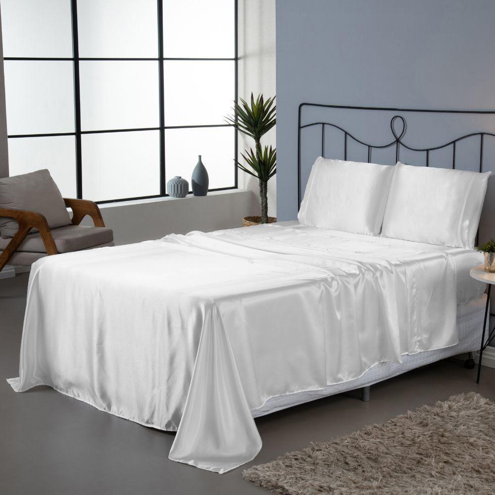 Jogo De Lençol Sublime 4 Peças Casal 100% Poliéster Tecido Cetim Charmousse - Branco - 2
