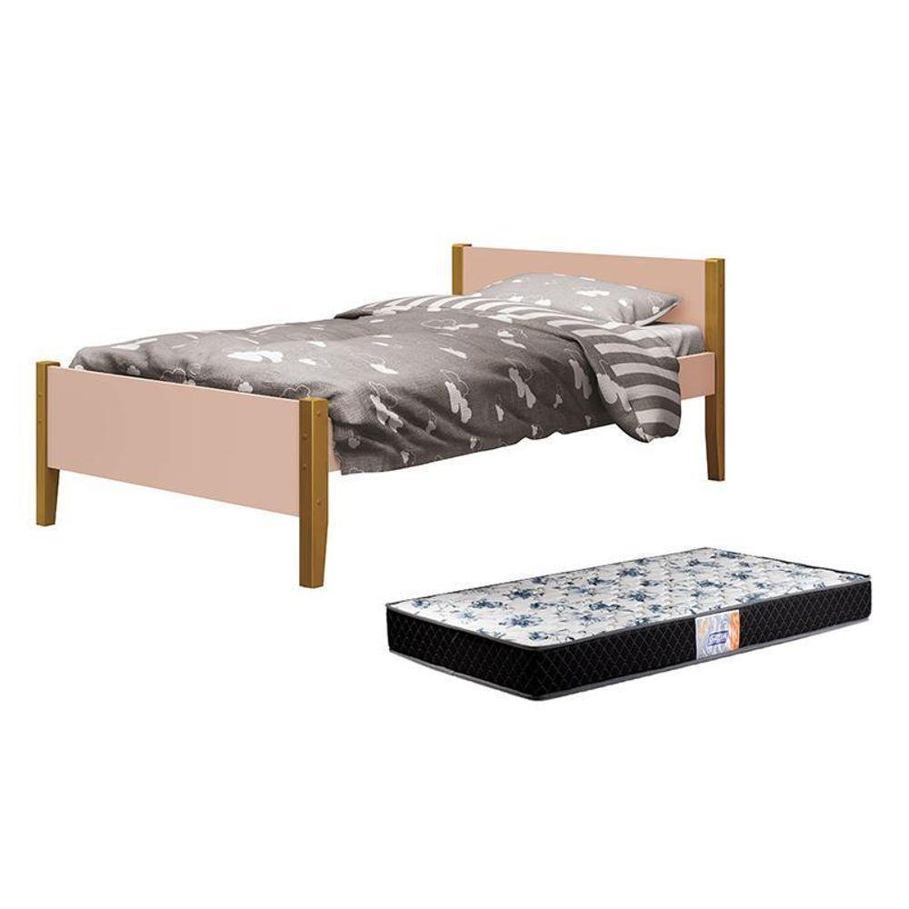 Cama Solteiro Simba Rosa Fosco Com Pés Amadeirado E Colchão D33 - Reller Móveis Rosa Fosco - 1